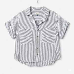 Universal Thread Button Down Shirt Womens XXL Blue White Striped Linen Blend